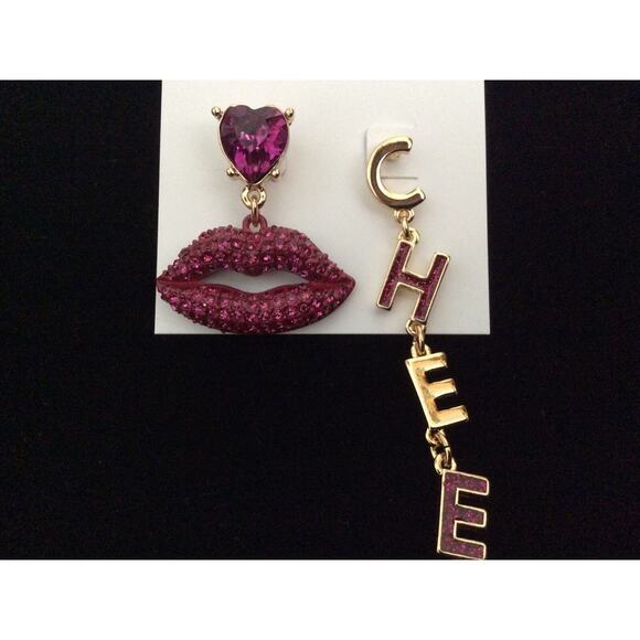 BETSEY JOHNSON RED LIPS CHEERS MISMATCH EARRINGS CELEBRATION NEW YEARS BLING - Picture 5 of 10